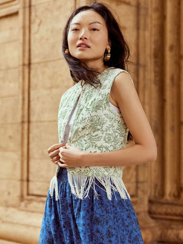 Ashlee Reversible Quilted Vest with Fringe - Cobalt Blue