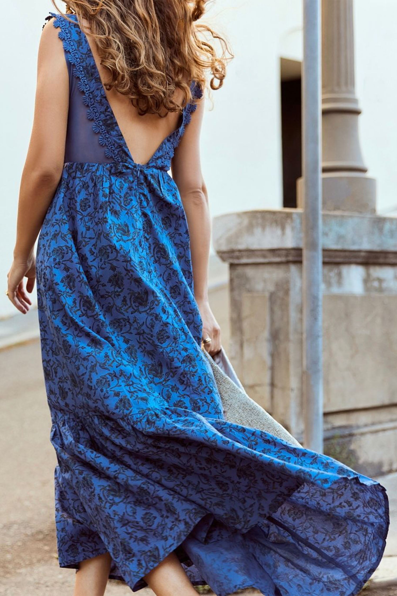 Clark Maxi Dress - Dusky Blue & Cobalt Floral Printed