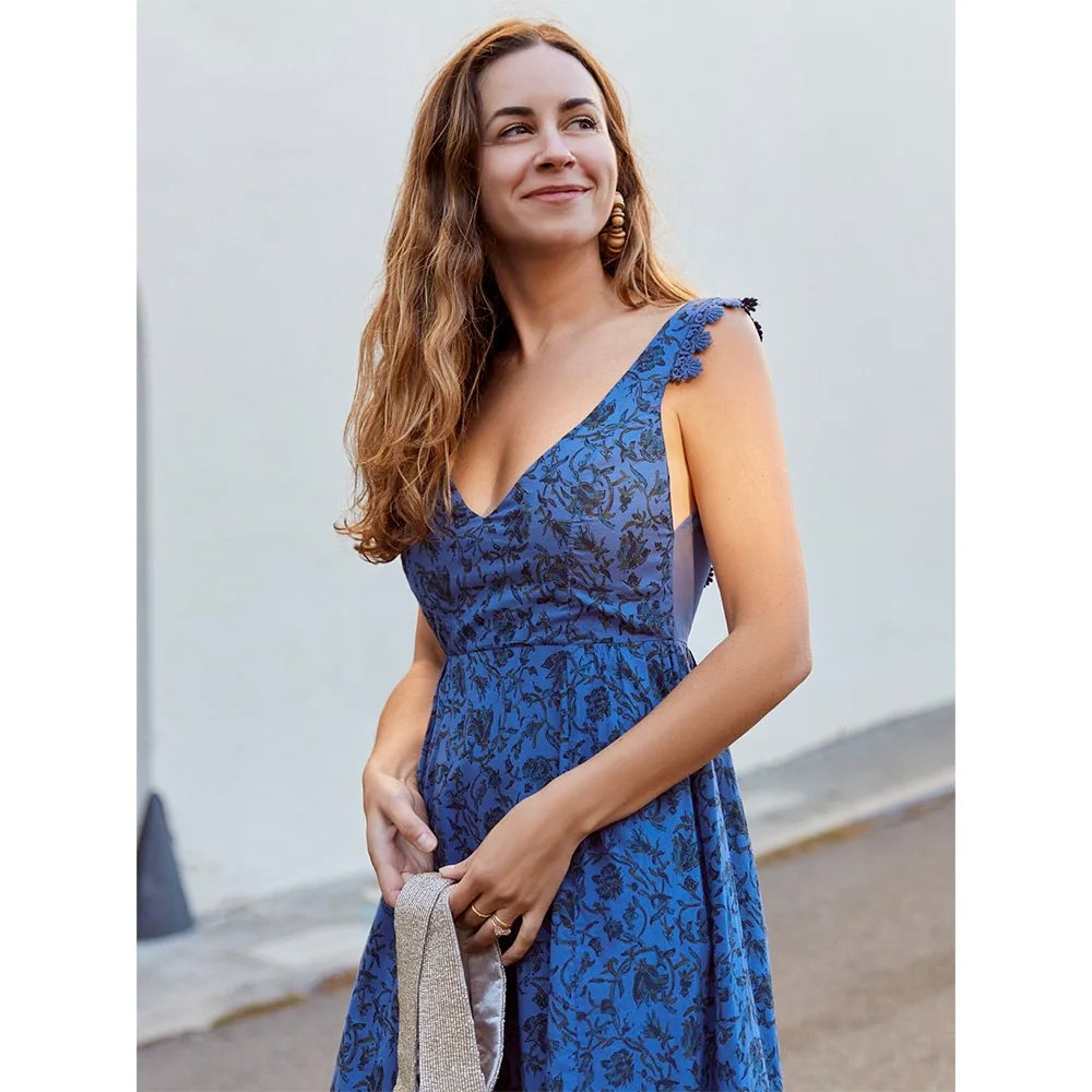 Clark Maxi Dress - Dusky Blue & Cobalt Floral Printed