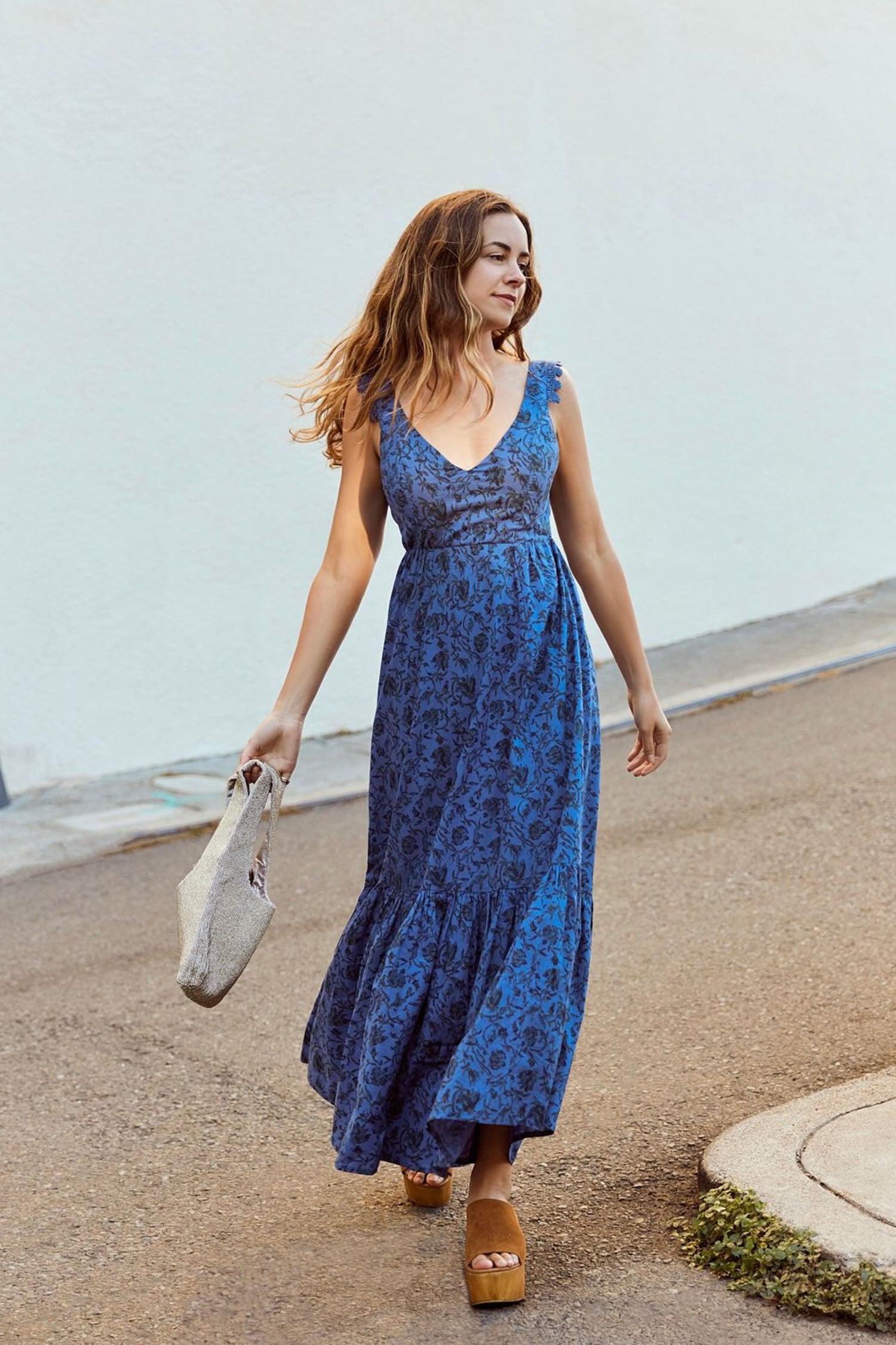 Clark Maxi Dress - Dusky Blue & Cobalt Floral Printed