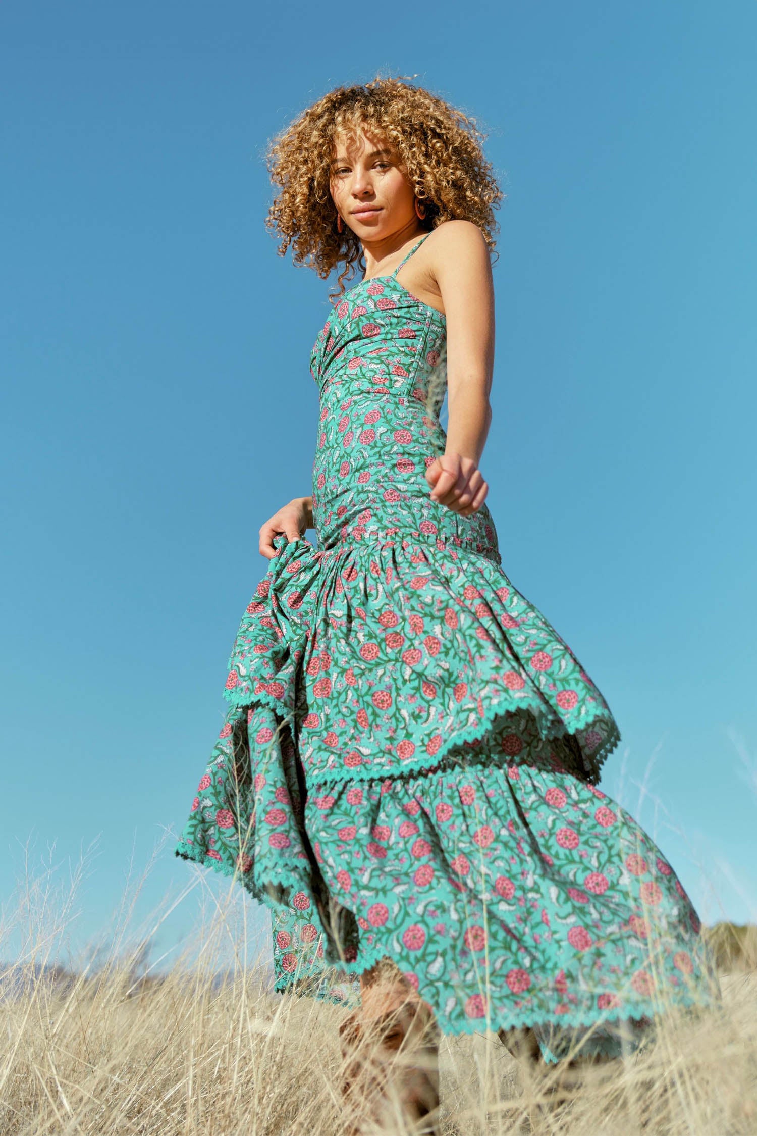 Helen Tiered Maxi Dress - Teal & Cerise Floral print