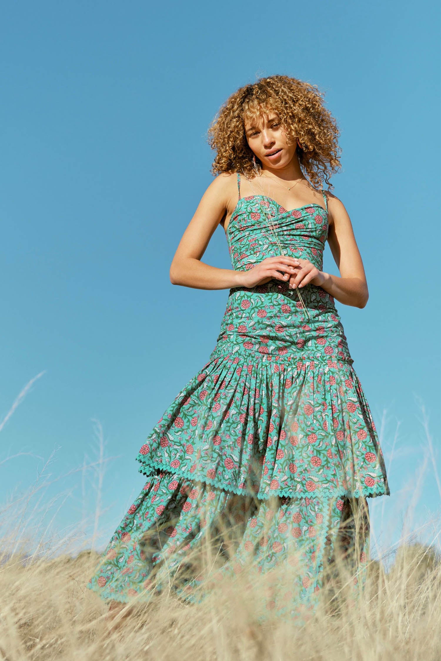 Helen Tiered Maxi Dress - Teal & Cerise Floral print