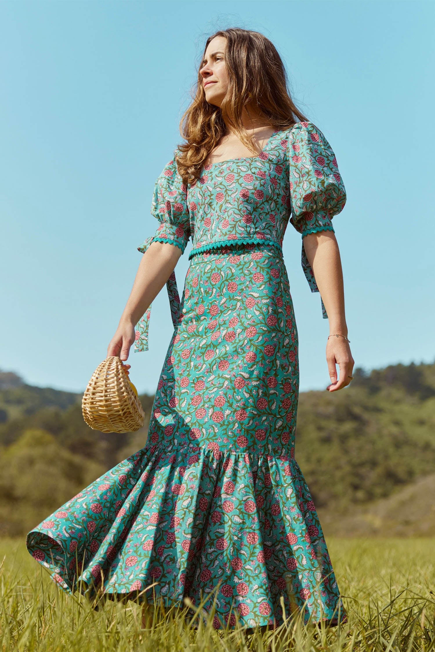 Patsy Fluted Pencil Skirt - Teal & Cerise Floral print