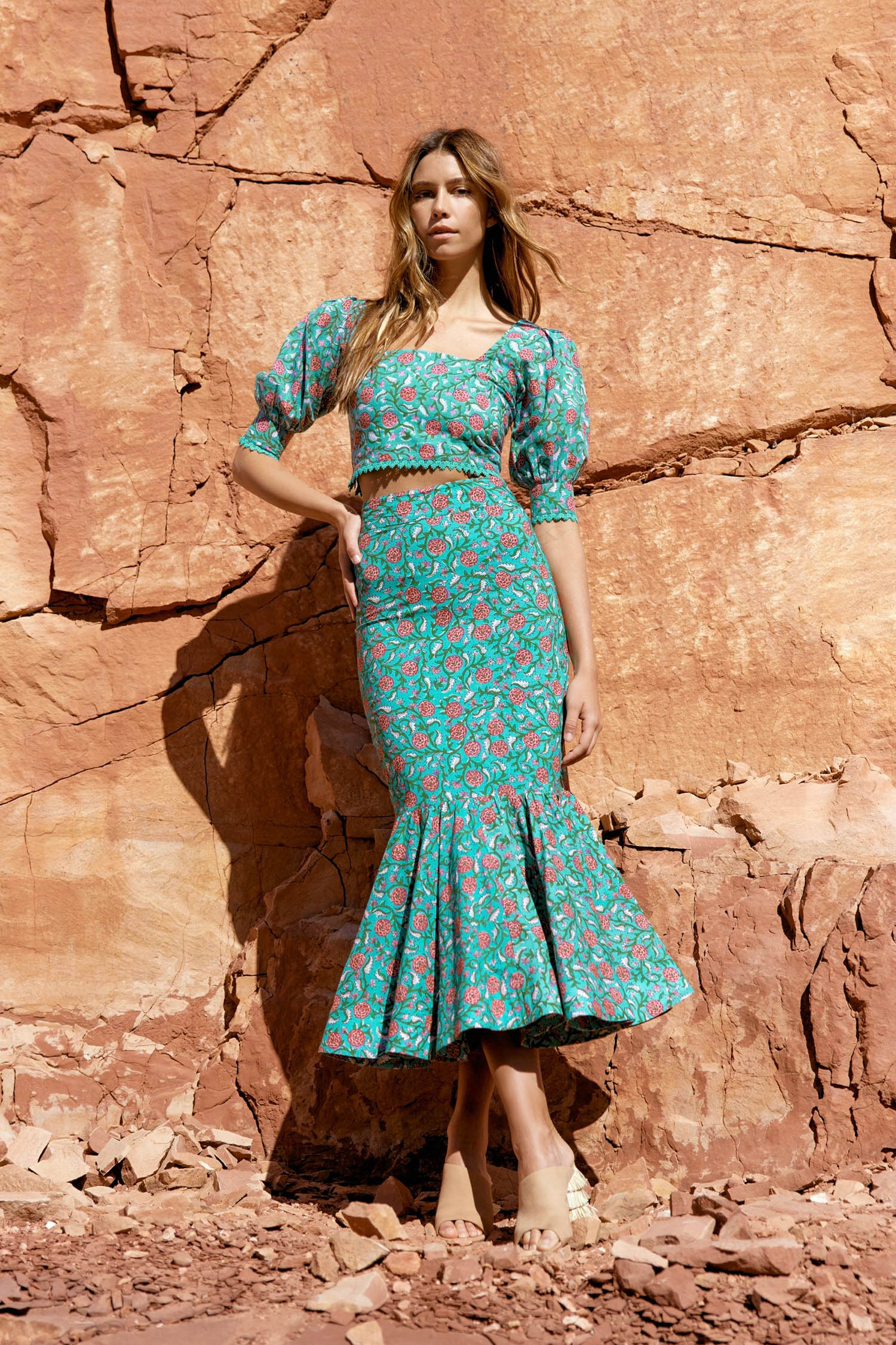 Patsy Fluted Pencil Skirt - Teal & Cerise Floral print