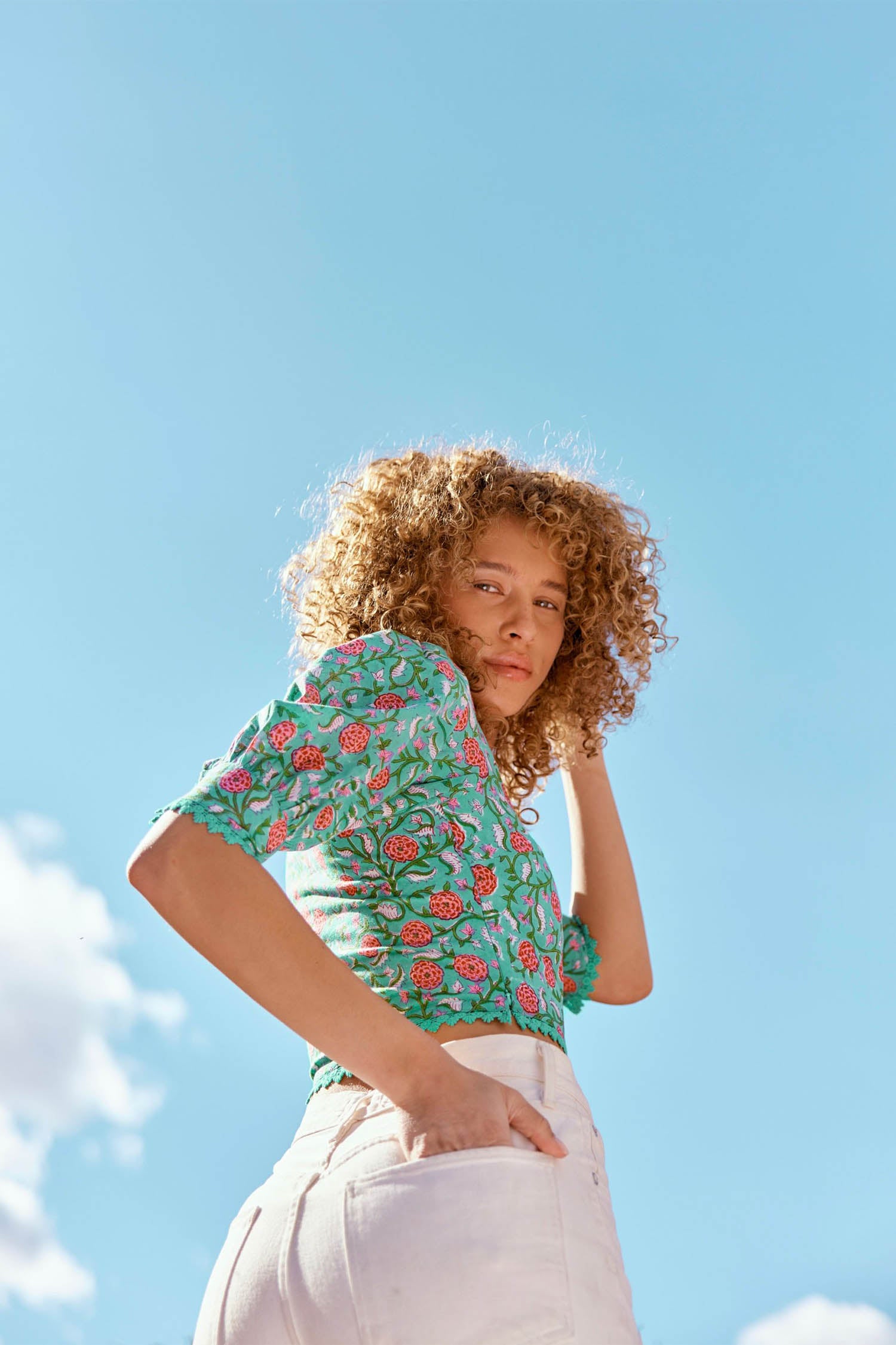 Frances Square Neck Top - Teal & Cerise Floral Print