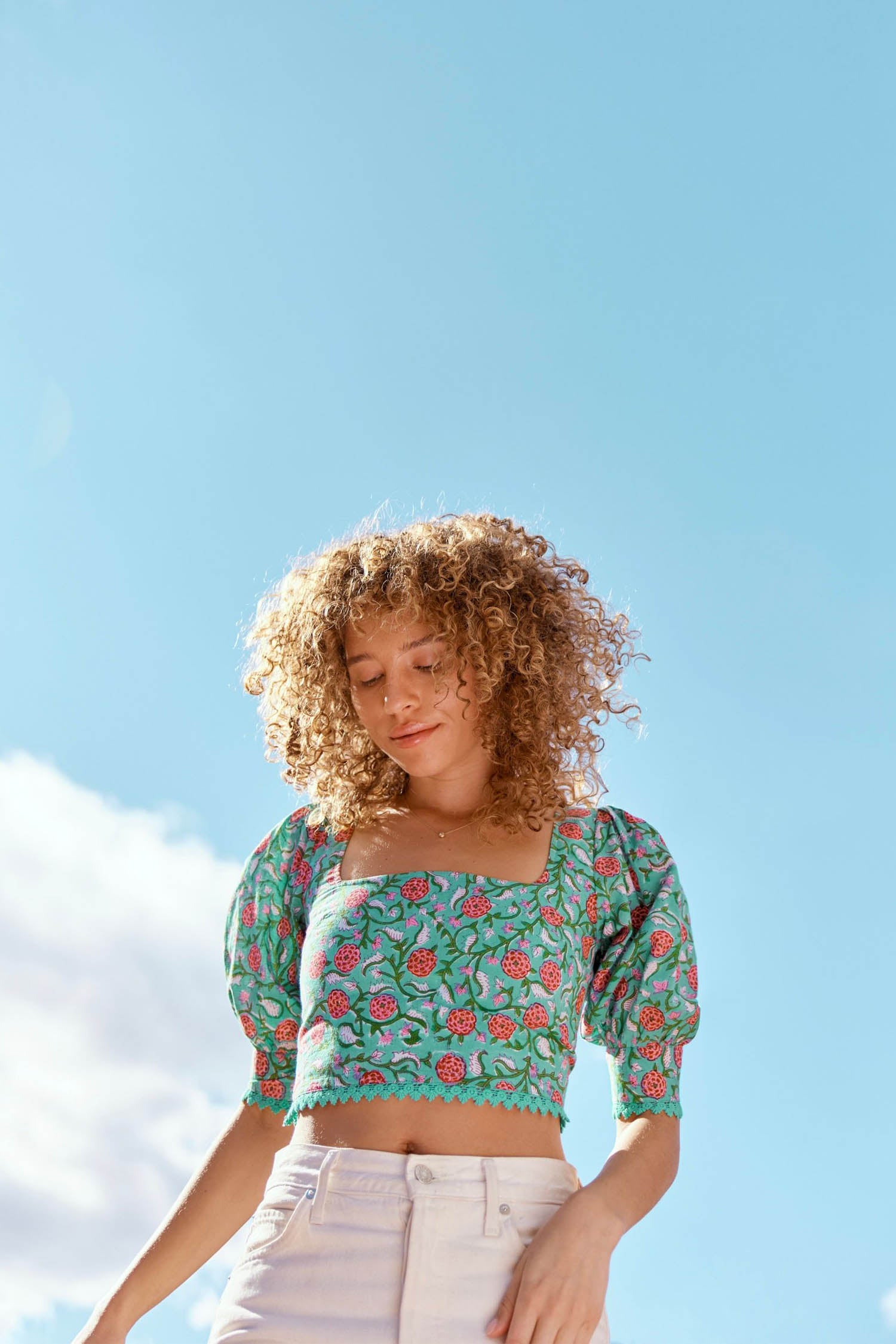 Frances Square Neck Top - Teal & Cerise Floral Print