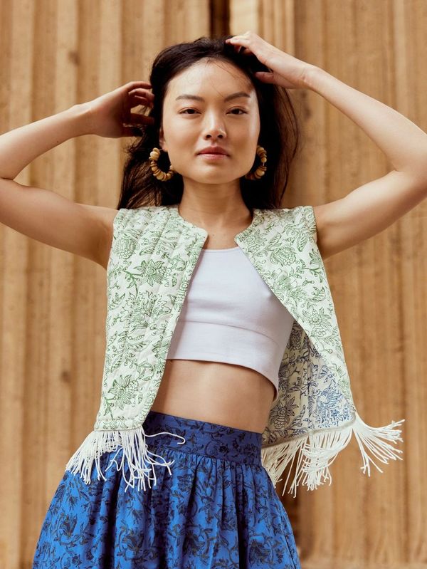 Ashlee Reversible Quilted Vest with Fringe - Cobalt Blue